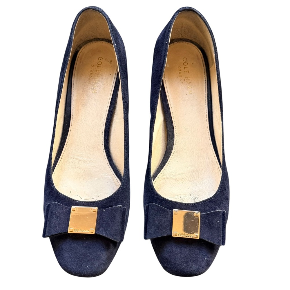 Cole Haan Womens Tali‎ Bow Block Heel Pump Blue Suede Feminine Career Size 7B